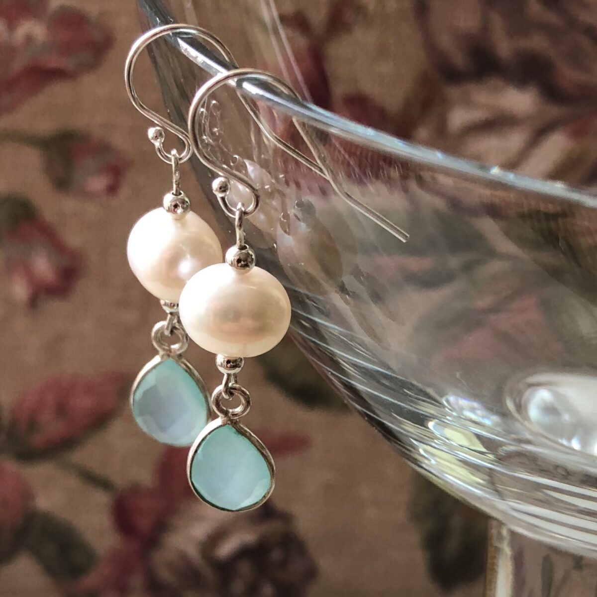 White pearl sea green chalcedony earring Peace Within
